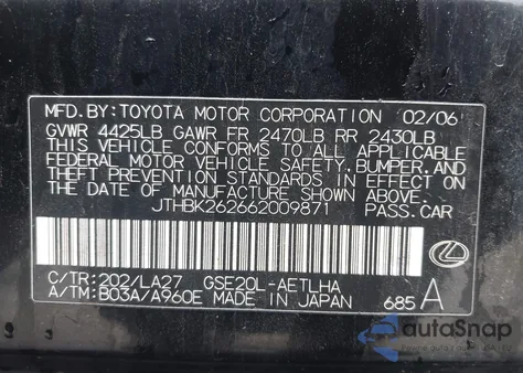 2006 Lexus Is 250 z USA, uszkodzony, nr VIN JTHBK262662009871